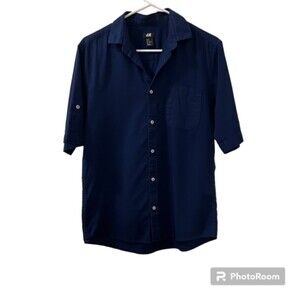 H&M Mens Navy Blue 100% Cotton Roll Up Short Sleeve Button Down Shirt Size Small